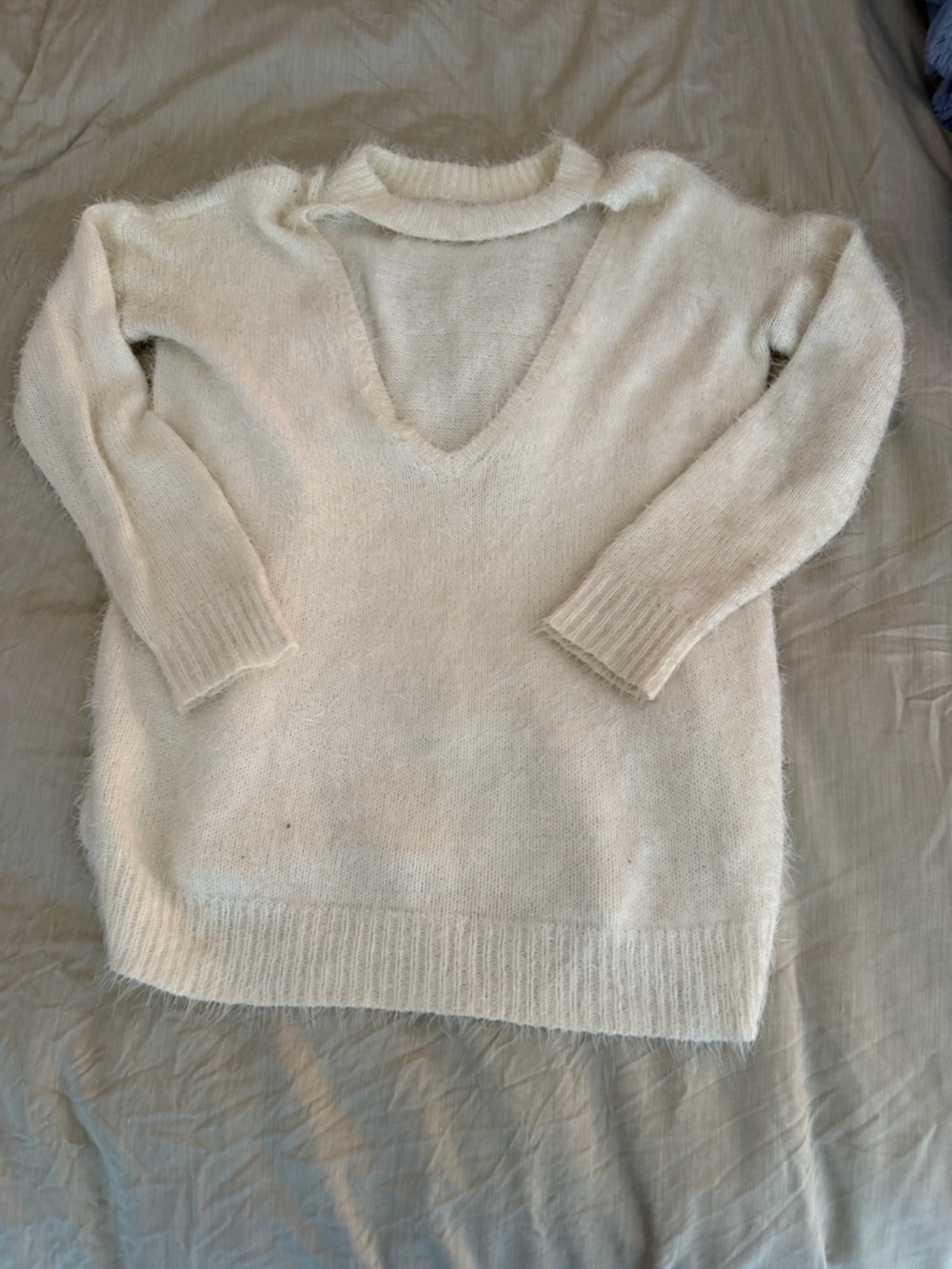 Love Riche Cream Reversible V-Neck Fuzzy Sweater